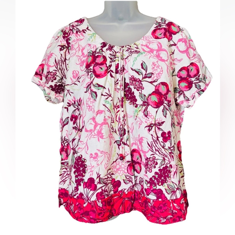 Lantana Casuals Women's XL 100% Linen Floral Fruit Print Top Short Sleeve Pink